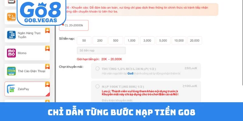 Chỉ dẫn từng bước nạp tiền GO8